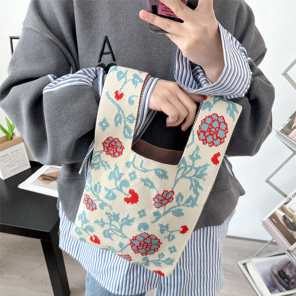 ニット バッグ ニットバッグ マルシェバッグ トートバッグ 縦型 ミニバッグ マルシェ レディース お洒落 送料無料 韓国 かぎ針 クロシェ編み ハンドバッグ 