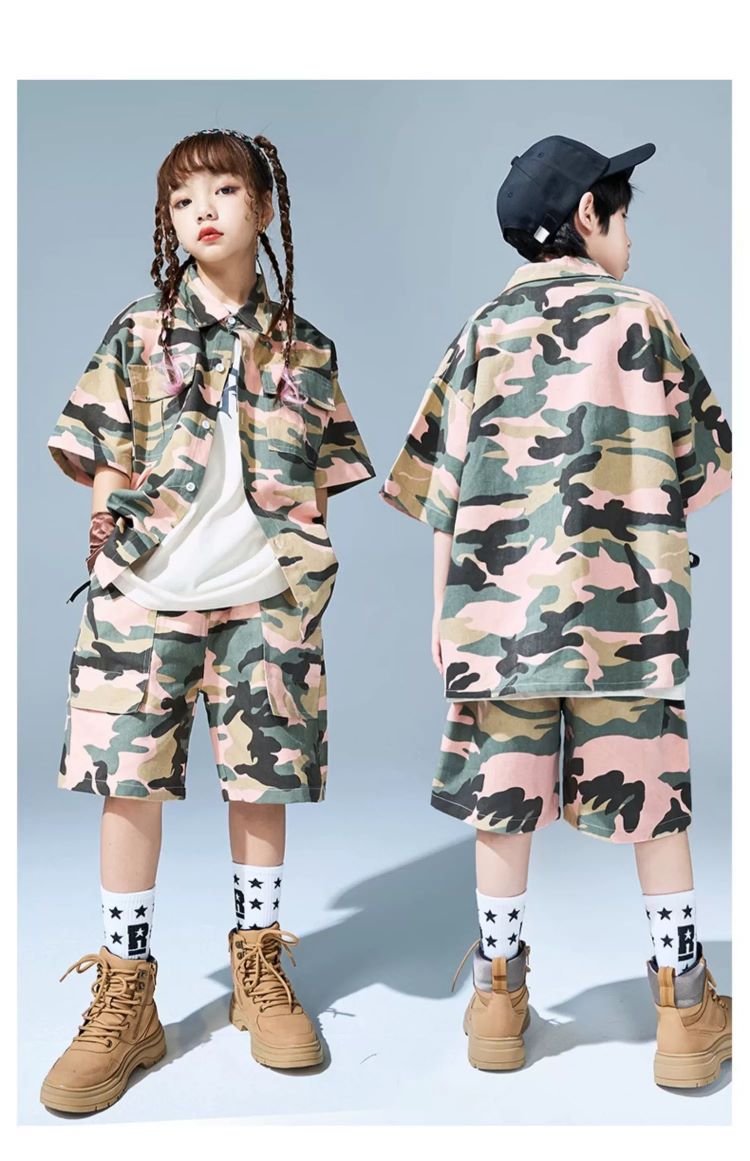 キッズダンス衣装 セットアップ ヒップホップ ダンス衣装 迷彩シャツ 迷彩パンツ 韓国 カーキ K-POP ミリタリー派手 カモフラージュ 迷彩柄 