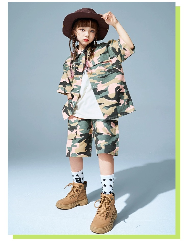 キッズダンス衣装 セットアップ ヒップホップ ダンス衣装 迷彩シャツ 迷彩パンツ 韓国 カーキ K-POP ミリタリー派手 カモフラージュ 迷彩柄 
