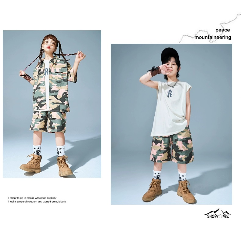 キッズダンス衣装 セットアップ ヒップホップ ダンス衣装 迷彩シャツ 迷彩パンツ 韓国 カーキ K-POP ミリタリー派手 カモフラージュ 迷彩柄 