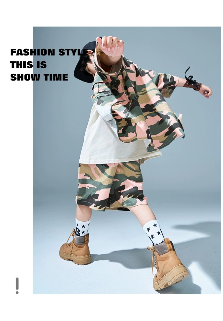 キッズダンス衣装 セットアップ ヒップホップ ダンス衣装 迷彩シャツ 迷彩パンツ 韓国 カーキ K-POP ミリタリー派手 カモフラージュ 迷彩柄 