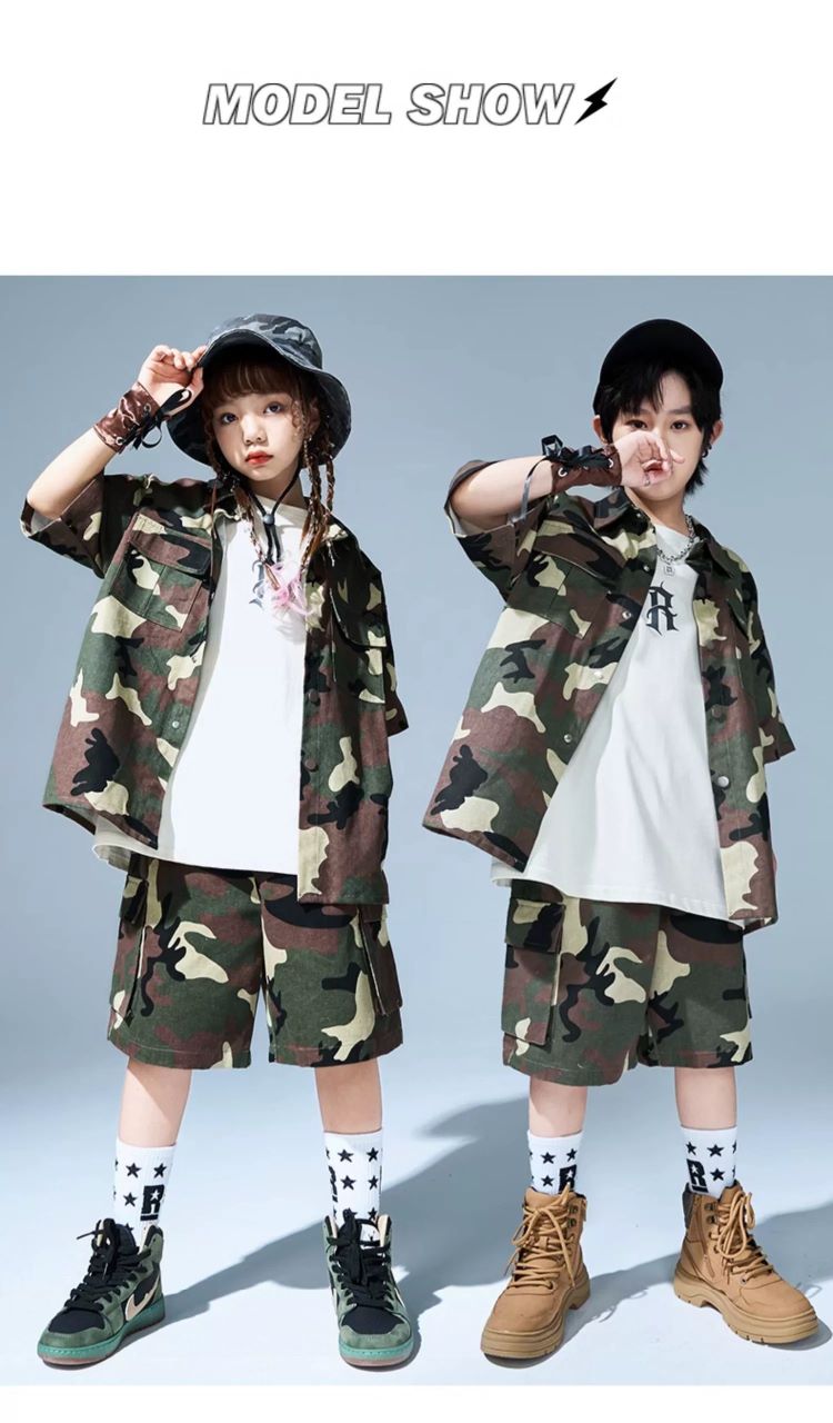 キッズダンス衣装 セットアップ ヒップホップ ダンス衣装 迷彩シャツ 迷彩パンツ 韓国 カーキ K-POP ミリタリー派手 カモフラージュ 迷彩柄 