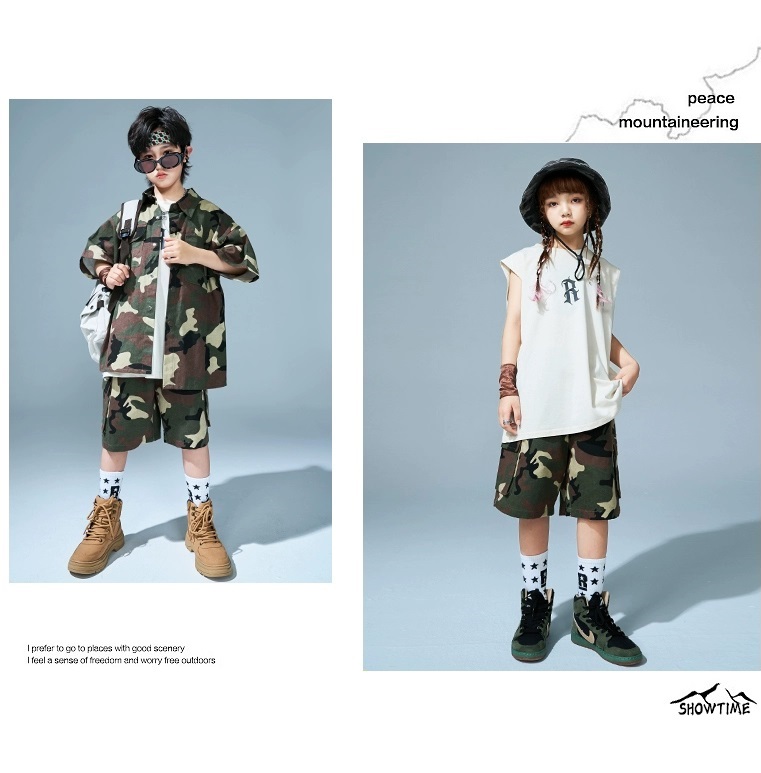 キッズダンス衣装 セットアップ ヒップホップ ダンス衣装 迷彩シャツ 迷彩パンツ 韓国 カーキ K-POP ミリタリー派手 カモフラージュ 迷彩柄 