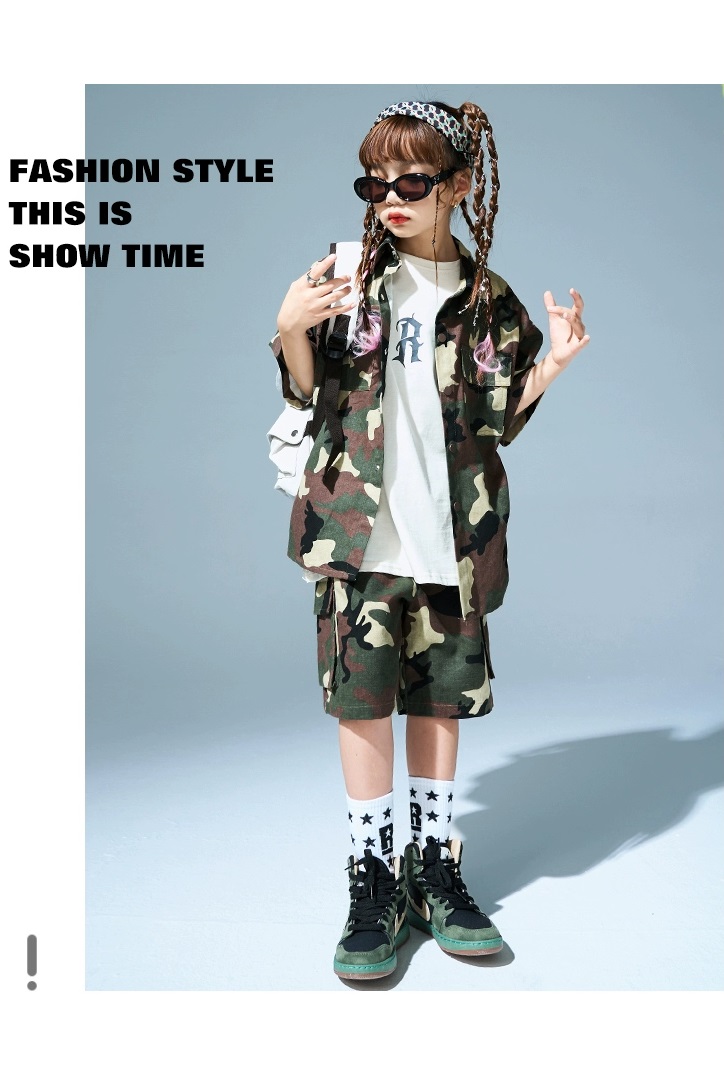 キッズダンス衣装 セットアップ ヒップホップ ダンス衣装 迷彩シャツ 迷彩パンツ 韓国 カーキ K-POP ミリタリー派手 カモフラージュ 迷彩柄 