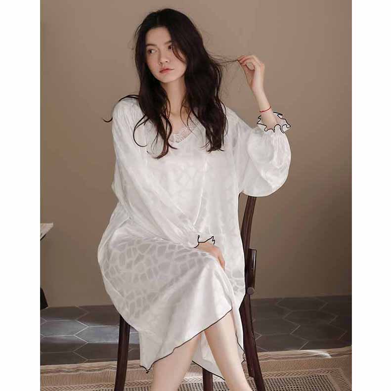 ワンピース パジャマ 長袖 ルームウェア ネグリジェ春秋レースVネック レディース M Tシャツ 無地 L 