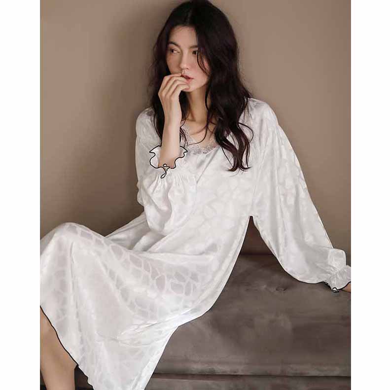 ワンピース パジャマ 長袖 ルームウェア ネグリジェ春秋レースVネック レディース M Tシャツ 無地 L 