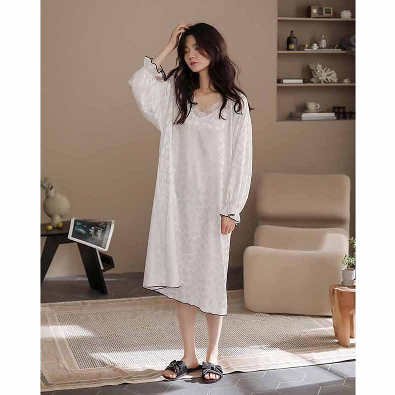 ワンピース パジャマ 長袖 ルームウェア ネグリジェ春秋レースVネック レディース M Tシャツ 無地 L 