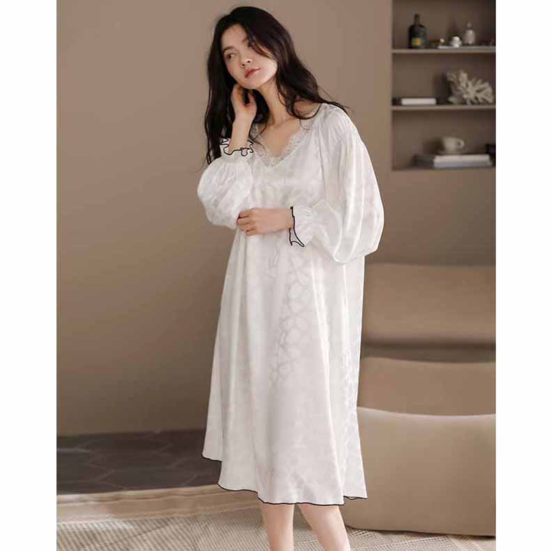 ワンピース パジャマ 長袖 ルームウェア ネグリジェ春秋レースVネック レディース M Tシャツ 無地 L 