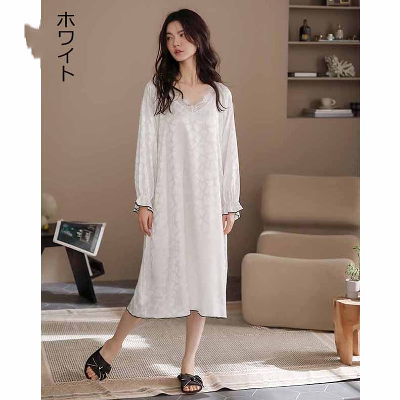 ワンピース パジャマ 長袖 ルームウェア ネグリジェ春秋レースVネック レディース M Tシャツ 無地 L 