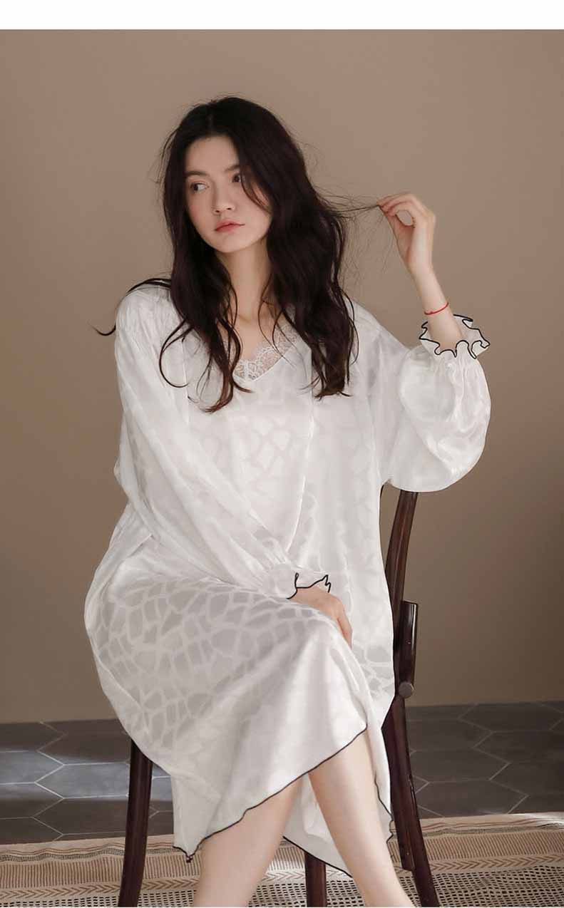 ワンピース パジャマ 長袖 ルームウェア ネグリジェ春秋レースVネック レディース M Tシャツ 無地 L 