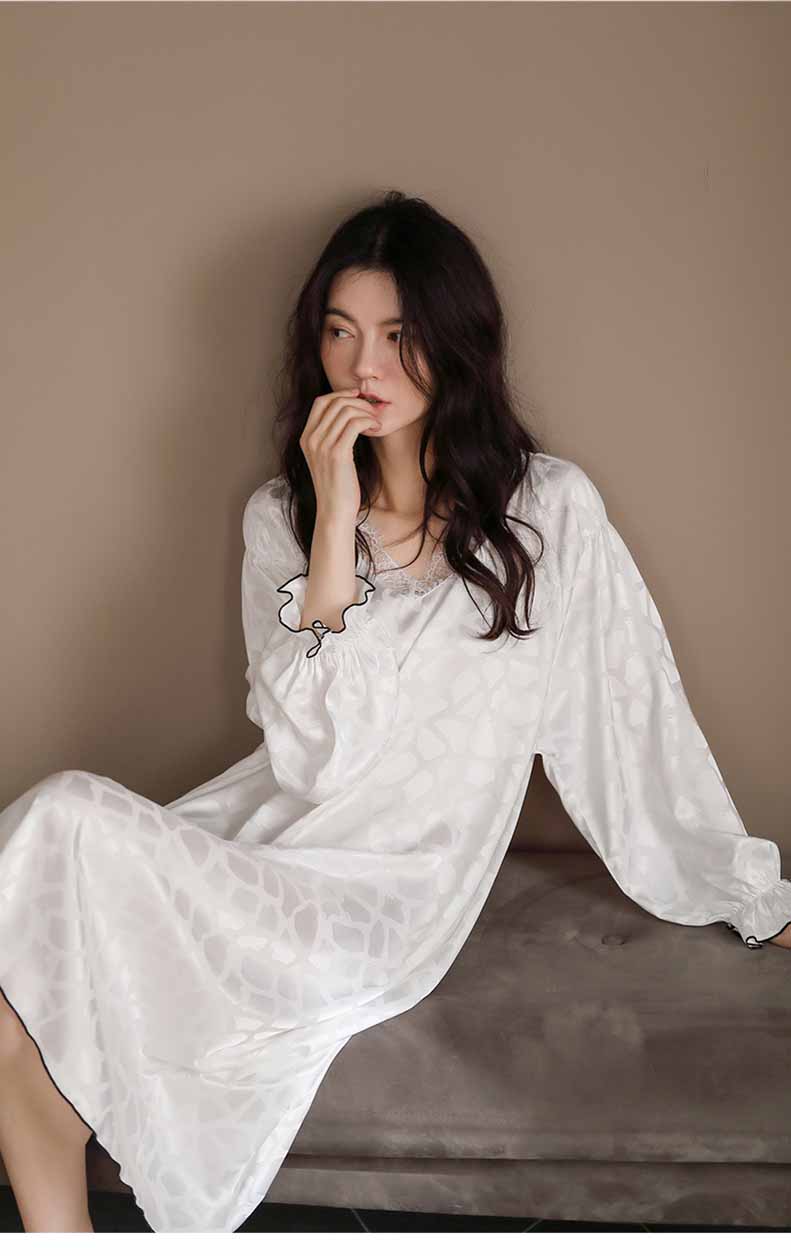 ワンピース パジャマ 長袖 ルームウェア ネグリジェ春秋レースVネック レディース M Tシャツ 無地 L 