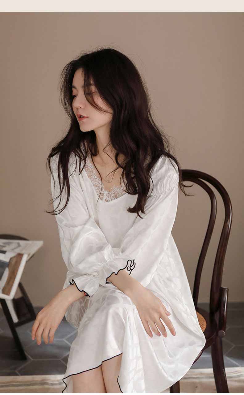 ワンピース パジャマ 長袖 ルームウェア ネグリジェ春秋レースVネック レディース M Tシャツ 無地 L 