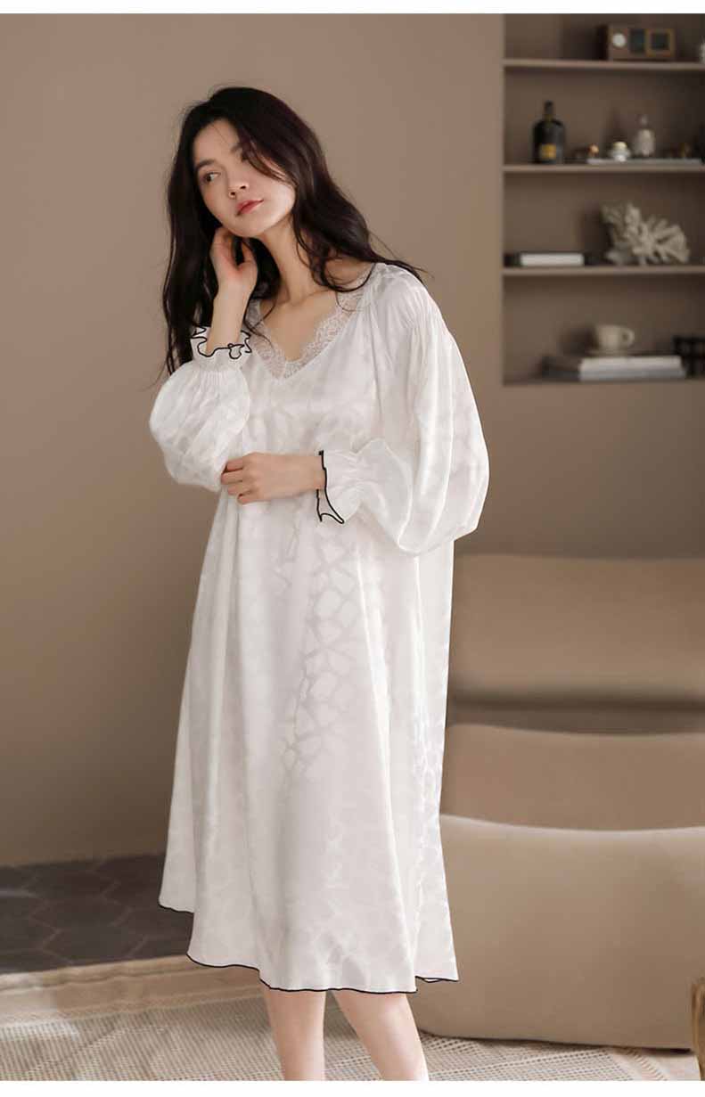 ワンピース パジャマ 長袖 ルームウェア ネグリジェ春秋レースVネック レディース M Tシャツ 無地 L 