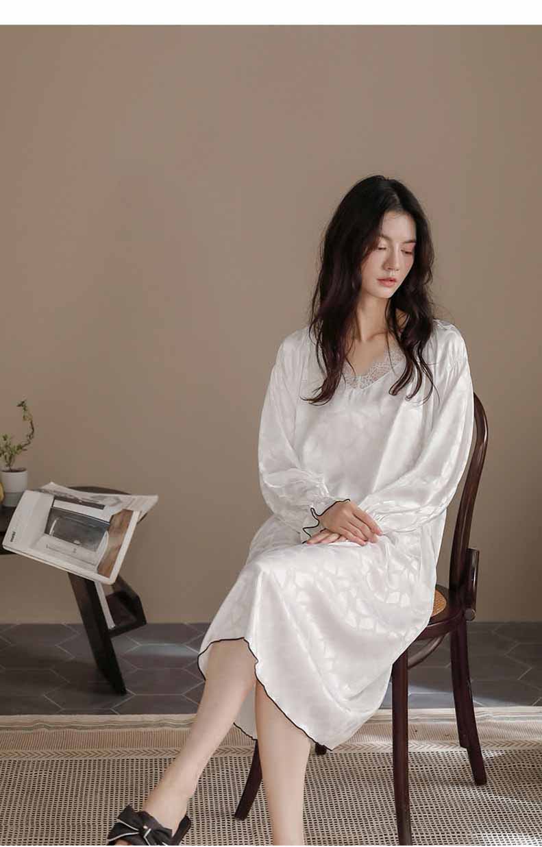 ワンピース パジャマ 長袖 ルームウェア ネグリジェ春秋レースVネック レディース M Tシャツ 無地 L 