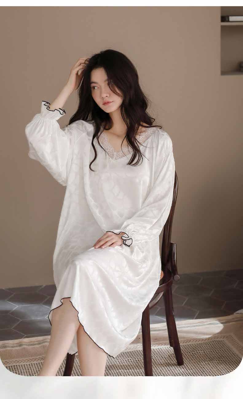 ワンピース パジャマ 長袖 ルームウェア ネグリジェ春秋レースVネック レディース M Tシャツ 無地 L 