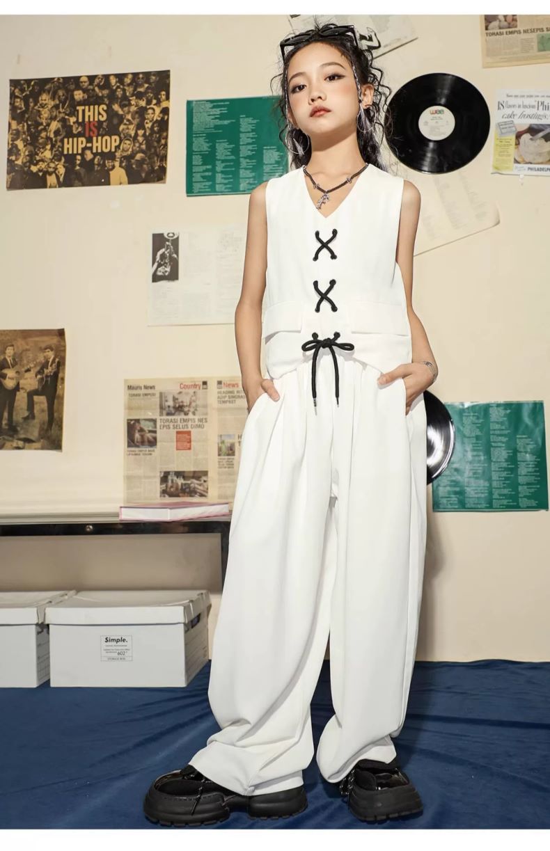 ダンス衣装 キッズ ガールズ ヒップホップ ジャズ K-POP パンツ セットアップ 子供ダンス服 韓国 白 ダンスウェア ベスト キッズダンス衣装 