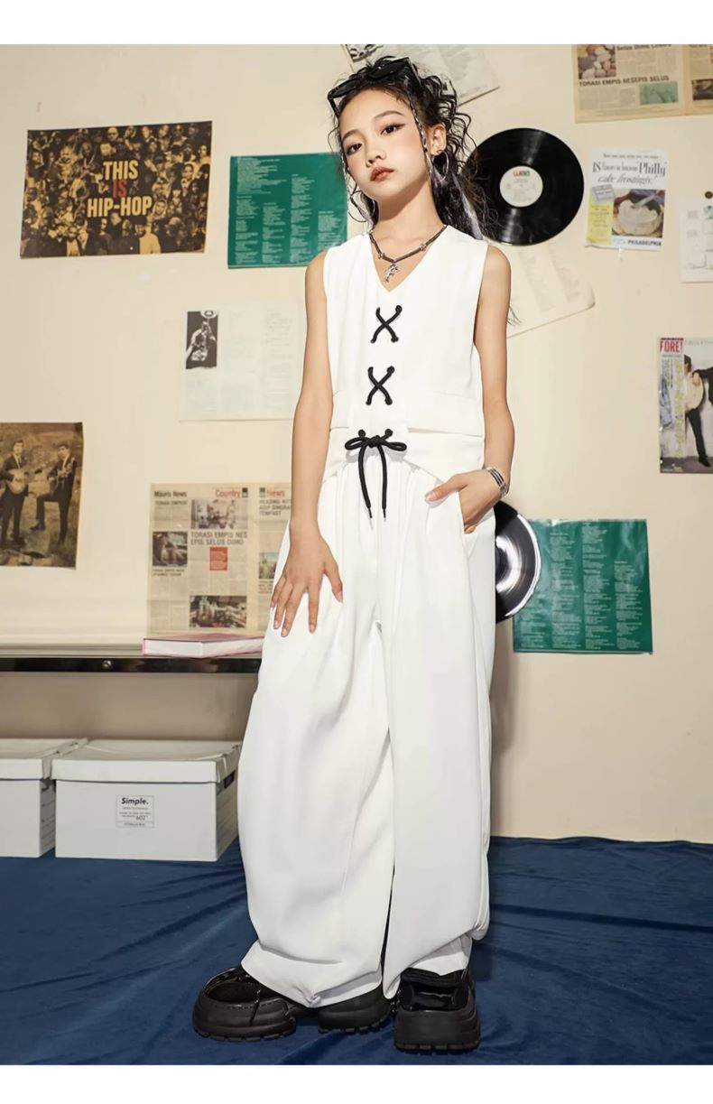 ダンス衣装 キッズ ガールズ ヒップホップ ジャズ K-POP パンツ セットアップ 子供ダンス服 韓国 白 ダンスウェア ベスト キッズダンス衣装 