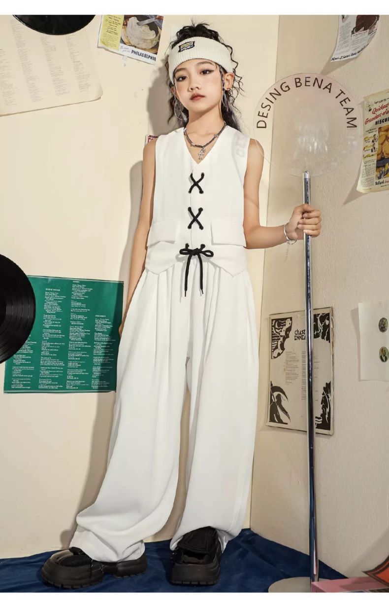 ダンス衣装 キッズ ガールズ ヒップホップ ジャズ K-POP パンツ セットアップ 子供ダンス服 韓国 白 ダンスウェア ベスト キッズダンス衣装 