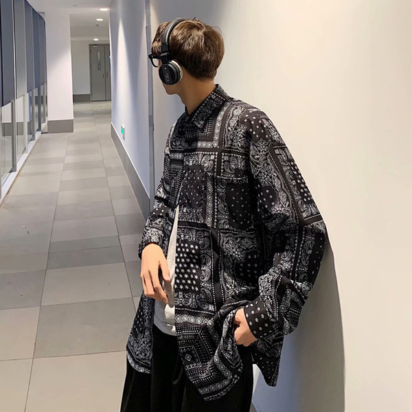あり 柄シャツ ペイズ柄 バンダナ柄 長袖シャツ 黒 シャツ 春服秋服 ブラック 大きいサイズ ダンス トップス 韓国ファッション ヒップホップ 個性的 