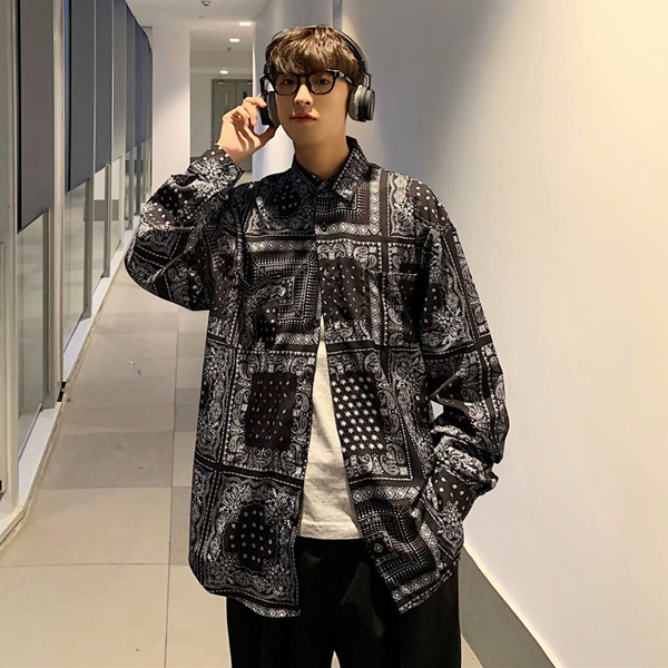 あり 柄シャツ ペイズ柄 バンダナ柄 長袖シャツ 黒 シャツ 春服秋服 ブラック 大きいサイズ ダンス トップス 韓国ファッション ヒップホップ 個性的 