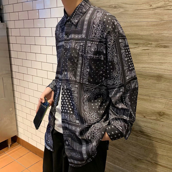 あり 柄シャツ ペイズ柄 バンダナ柄 長袖シャツ 黒 シャツ 春服秋服 ブラック 大きいサイズ ダンス トップス 韓国ファッション ヒップホップ 個性的 