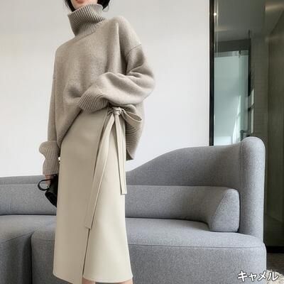 トップス ニット カジュアル きれいめ 長袖 セーター 可愛い ハイネック タートルネック カットソー おしゃれ シンプル レディース ベージ ゆったり フェミニン 