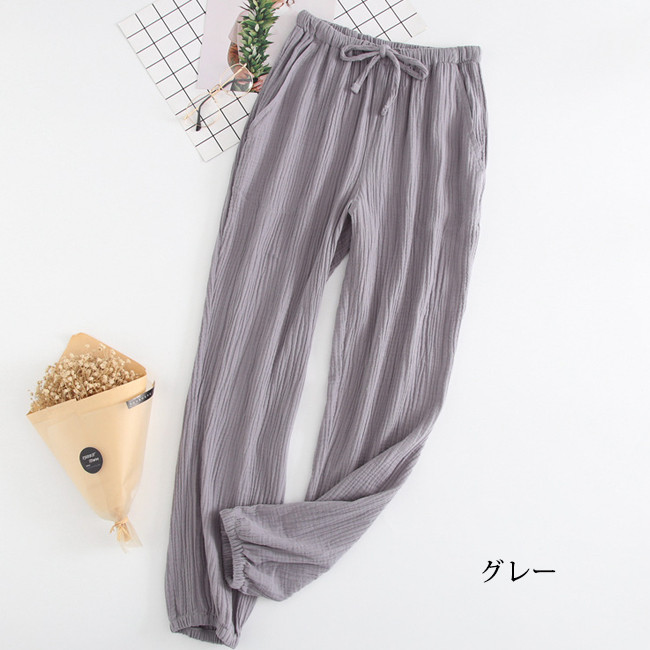 クーポン5%OFF ルームパンツ ガーゼ 綿100% メンズ レディース コットン ゆったり ウエストゴム 長ズボン リボン おしゃれ ルームウェア 春 秋 ポケット付き 