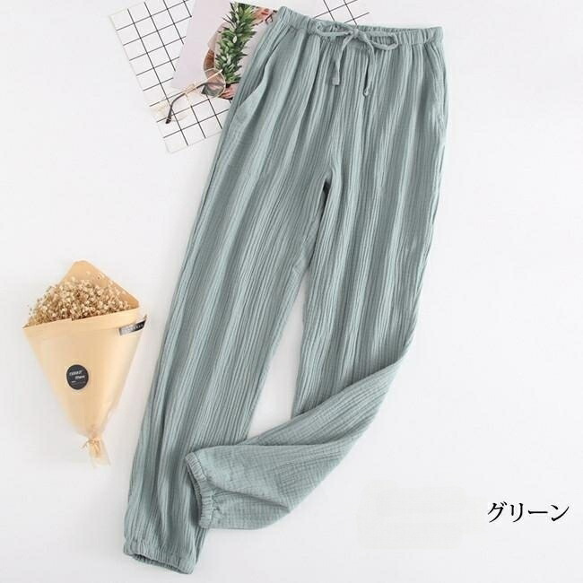 クーポン5%OFF ルームパンツ ガーゼ 綿100% メンズ レディース コットン ゆったり ウエストゴム 長ズボン リボン おしゃれ ルームウェア 春 秋 ポケット付き 