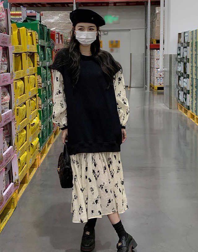 レイヤード風ワンピース レディース ワンピース 長袖 ロング 花柄 大きいサイズ ベスト フ重ね着風ワンピース ニット 秋冬 3L 韓国 ファッション 