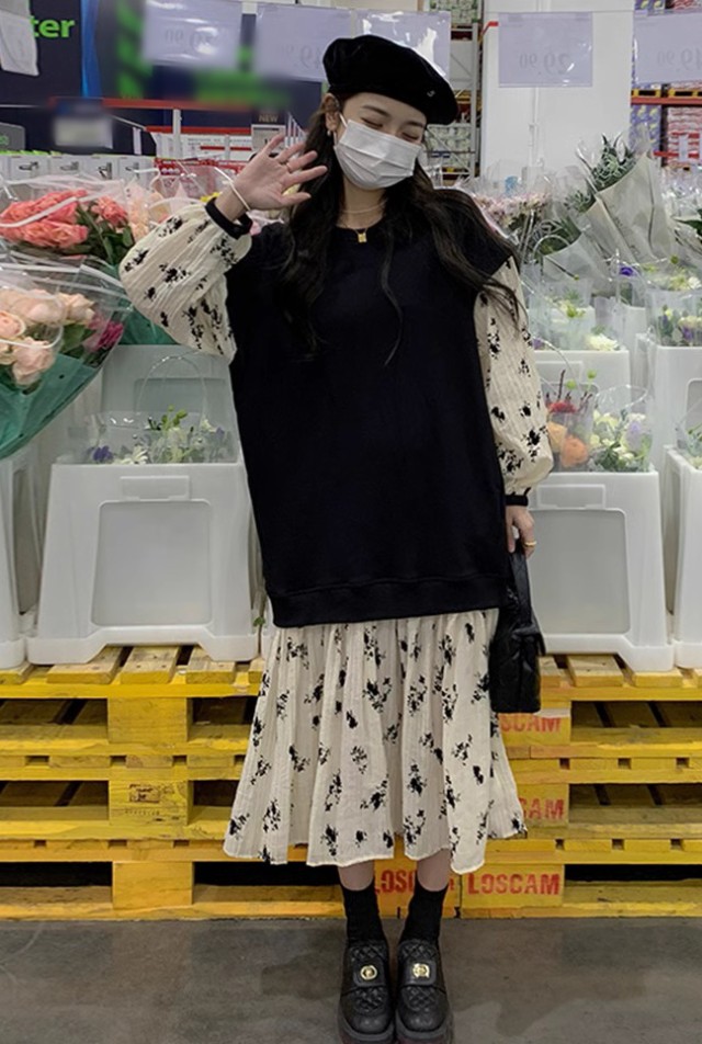 レイヤード風ワンピース レディース ワンピース 長袖 ロング 花柄 大きいサイズ ベスト フ重ね着風ワンピース ニット 秋冬 3L 韓国 ファッション 