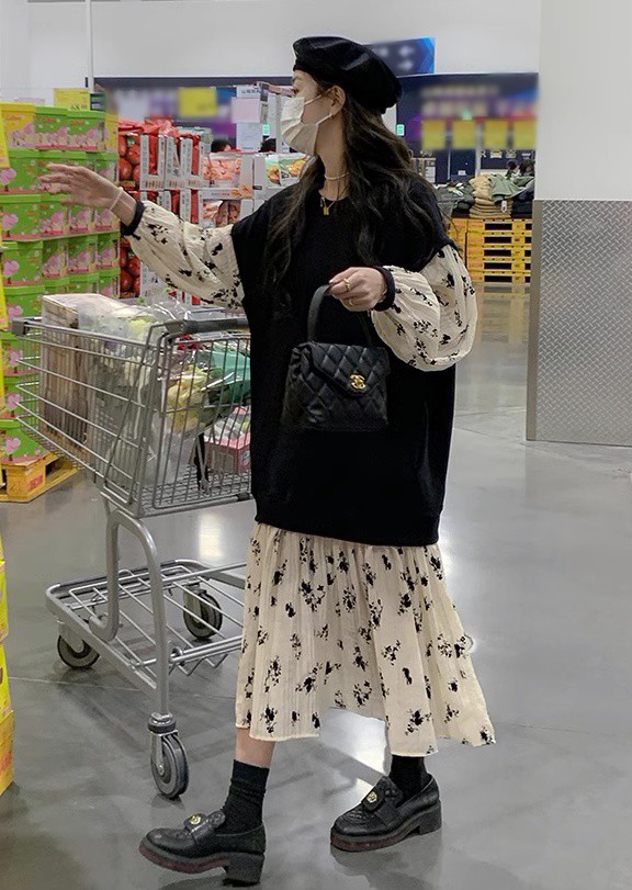 レイヤード風ワンピース レディース ワンピース 長袖 ロング 花柄 大きいサイズ ベスト フ重ね着風ワンピース ニット 秋冬 3L 韓国 ファッション 