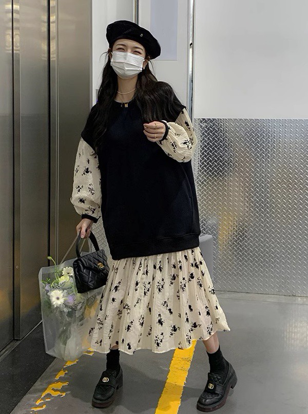 レイヤード風ワンピース レディース ワンピース 長袖 ロング 花柄 大きいサイズ ベスト フ重ね着風ワンピース ニット 秋冬 3L 韓国 ファッション 