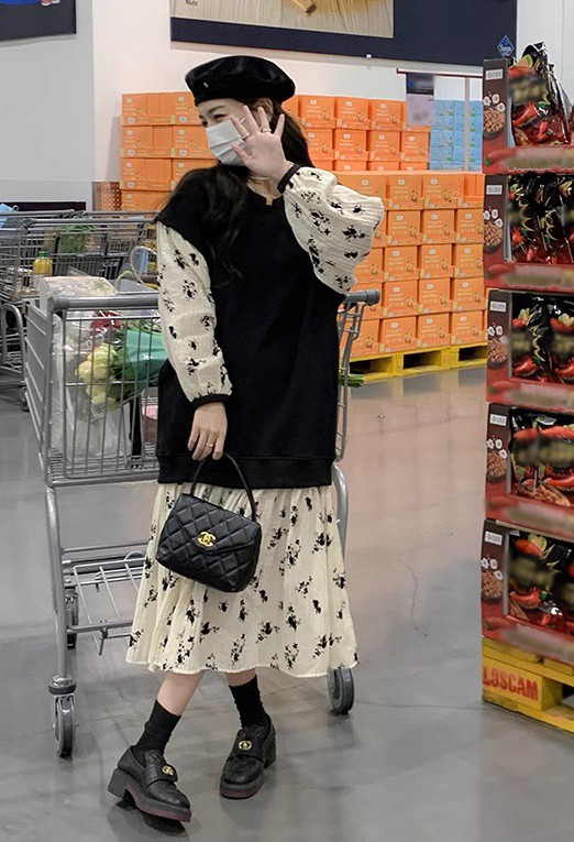レイヤード風ワンピース レディース ワンピース 長袖 ロング 花柄 大きいサイズ ベスト フ重ね着風ワンピース ニット 秋冬 3L 韓国 ファッション 