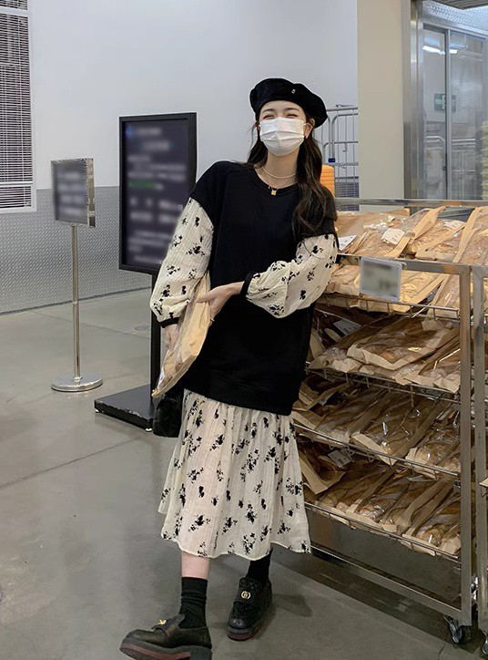 レイヤード風ワンピース レディース ワンピース 長袖 ロング 花柄 大きいサイズ ベスト フ重ね着風ワンピース ニット 秋冬 3L 韓国 ファッション 