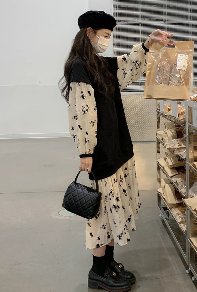 レイヤード風ワンピース レディース ワンピース 長袖 ロング 花柄 大きいサイズ ベスト フ重ね着風ワンピース ニット 秋冬 3L 韓国 ファッション 