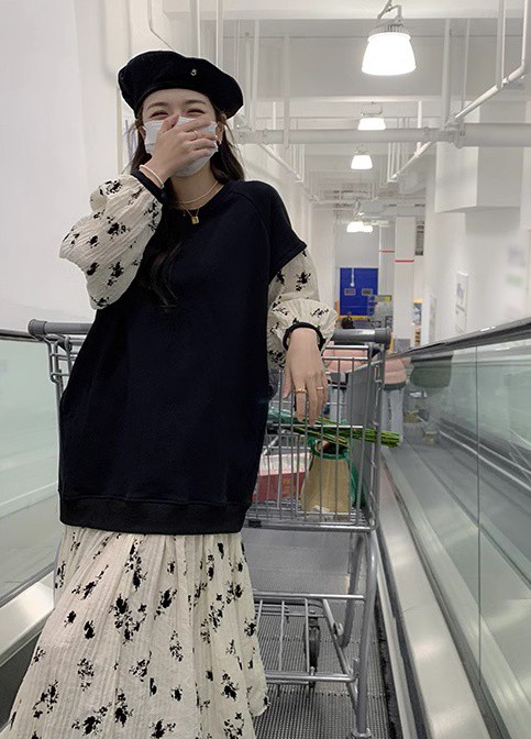レイヤード風ワンピース レディース ワンピース 長袖 ロング 花柄 大きいサイズ ベスト フ重ね着風ワンピース ニット 秋冬 3L 韓国 ファッション 