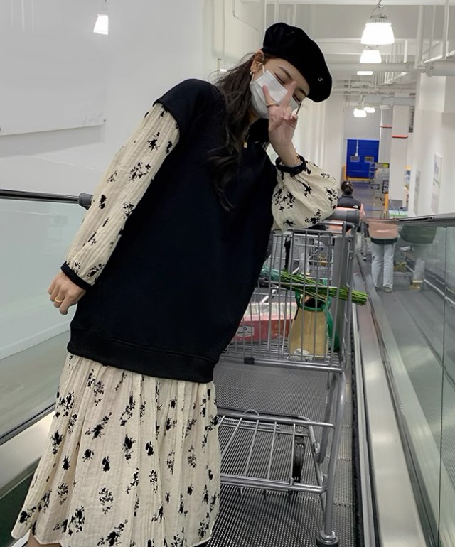 レイヤード風ワンピース レディース ワンピース 長袖 ロング 花柄 大きいサイズ ベスト フ重ね着風ワンピース ニット 秋冬 3L 韓国 ファッション 