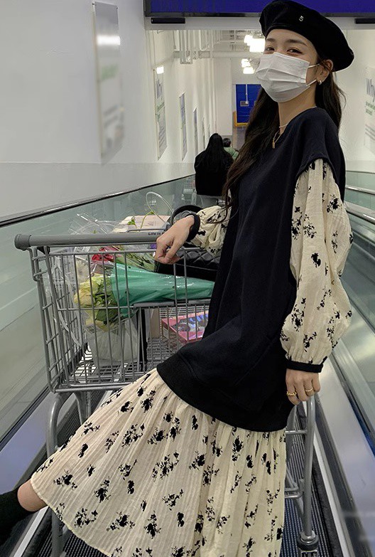 レイヤード風ワンピース レディース ワンピース 長袖 ロング 花柄 大きいサイズ ベスト フ重ね着風ワンピース ニット 秋冬 3L 韓国 ファッション 