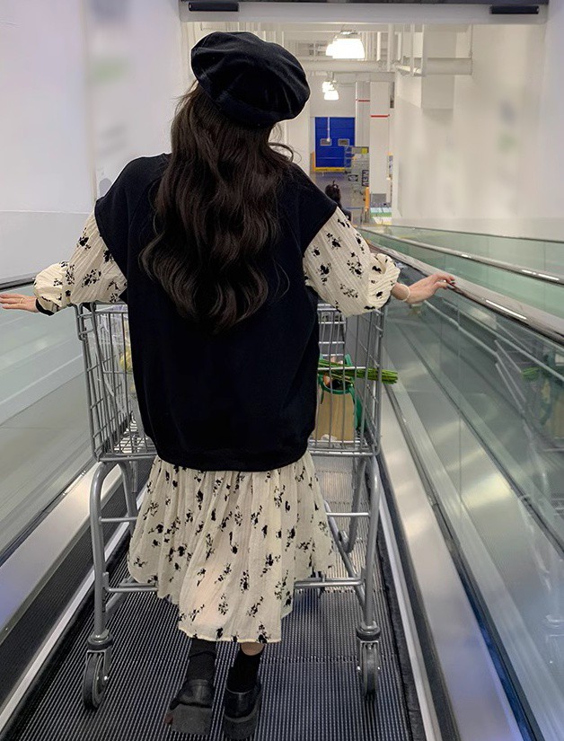 レイヤード風ワンピース レディース ワンピース 長袖 ロング 花柄 大きいサイズ ベスト フ重ね着風ワンピース ニット 秋冬 3L 韓国 ファッション 