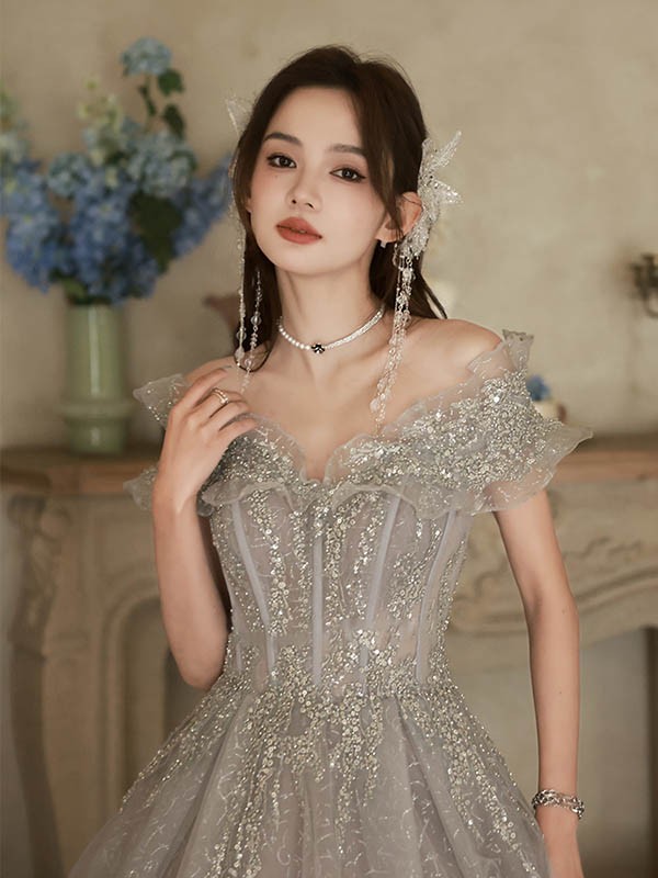 ロングドレス 大人 ピアノ 発表会 キラキラ マキシ丈 オフショルダー 小さいサイズ 母親 大きいサイズ パーティードレス 韓国 結婚式 