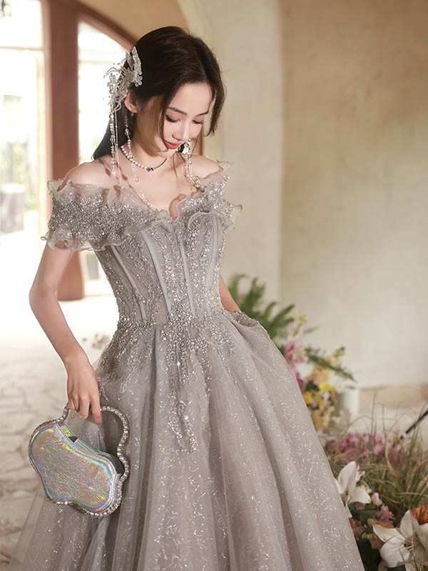 ロングドレス 大人 ピアノ 発表会 キラキラ マキシ丈 オフショルダー 小さいサイズ 母親 大きいサイズ パーティードレス 韓国 結婚式 