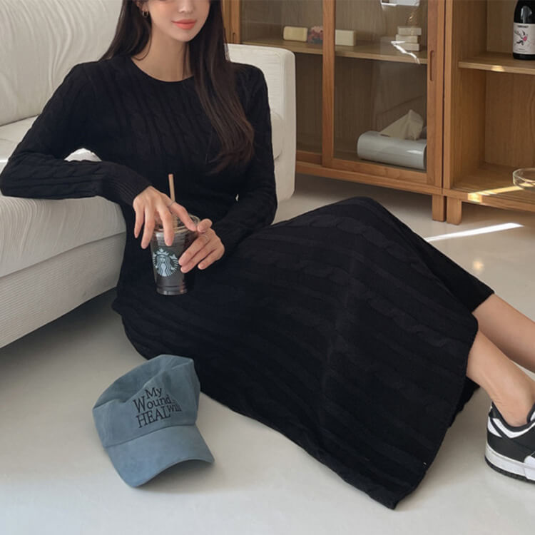 ワンピース レディース ニット 長袖 韓国 ケーブル編み おしゃれ ロング ニットワンピース ロングワンピース エレフィット ロング丈 