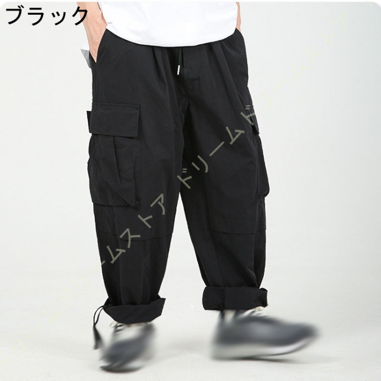 カーゴパンツ メンズ 大きいサイズ ミリタワーク ウエストゴム リラックス ワイドパンツ ワークパンツ パンツチノ カーゴ チノパンツ 黒 イージーパンツ 