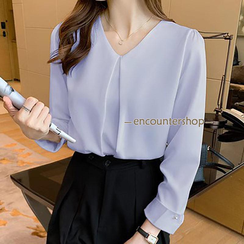 ブラウス レディース 長袖 春秋 Vネック 長袖シャツ おしゃれ ビジネス シフォン 体型カバー OL 通勤 フォーマル シンプル デート トップス 