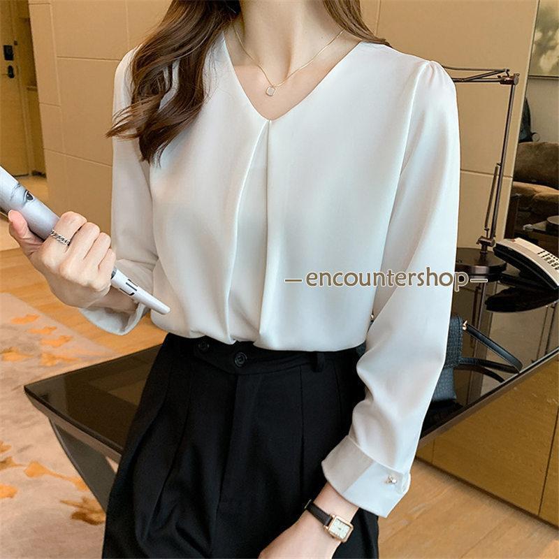 ブラウス レディース 長袖 春秋 Vネック 長袖シャツ おしゃれ ビジネス シフォン 体型カバー OL 通勤 フォーマル シンプル デート トップス 
