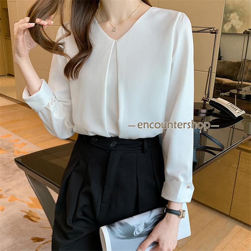 ブラウス レディース 長袖 春秋 Vネック 長袖シャツ おしゃれ ビジネス シフォン 体型カバー OL 通勤 フォーマル シンプル デート トップス 