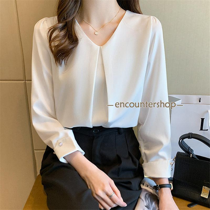 ブラウス レディース 長袖 春秋 Vネック 長袖シャツ おしゃれ ビジネス シフォン 体型カバー OL 通勤 フォーマル シンプル デート トップス 