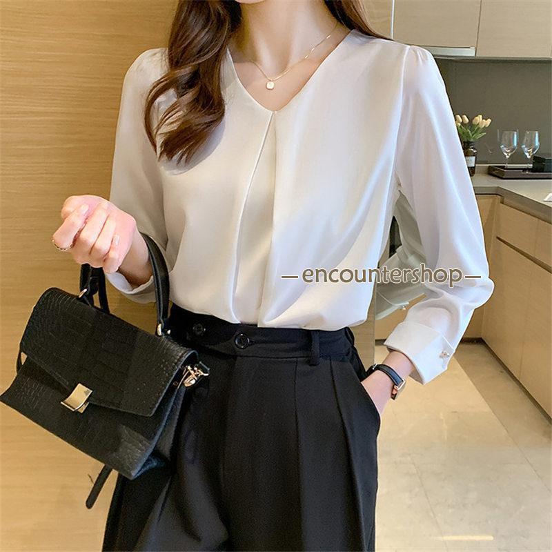 ブラウス レディース 長袖 春秋 Vネック 長袖シャツ おしゃれ ビジネス シフォン 体型カバー OL 通勤 フォーマル シンプル デート トップス 