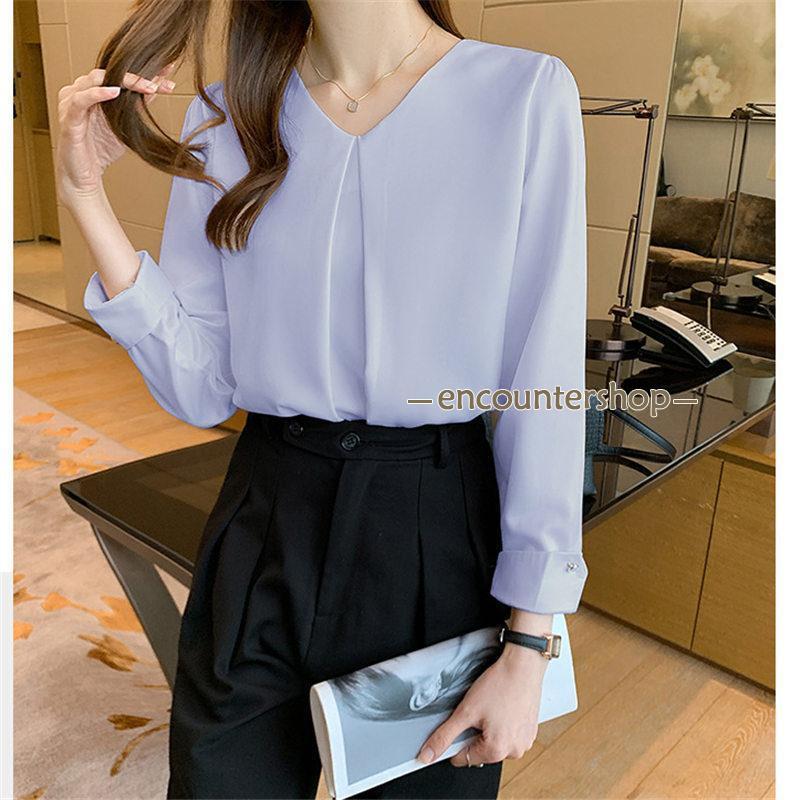 ブラウス レディース 長袖 春秋 Vネック 長袖シャツ おしゃれ ビジネス シフォン 体型カバー OL 通勤 フォーマル シンプル デート トップス 