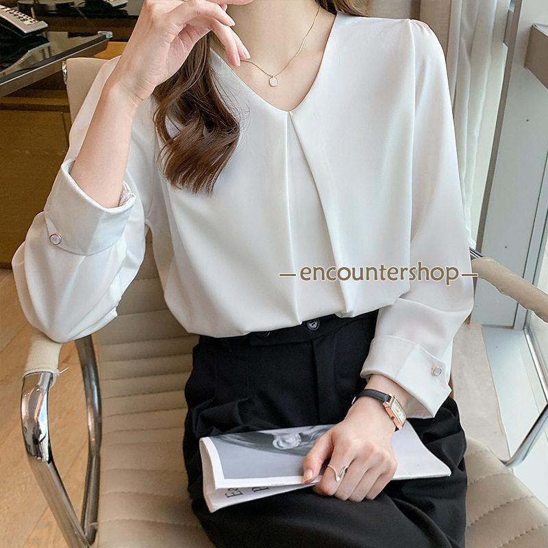 ブラウス レディース 長袖 春秋 Vネック 長袖シャツ おしゃれ ビジネス シフォン 体型カバー OL 通勤 フォーマル シンプル デート トップス 